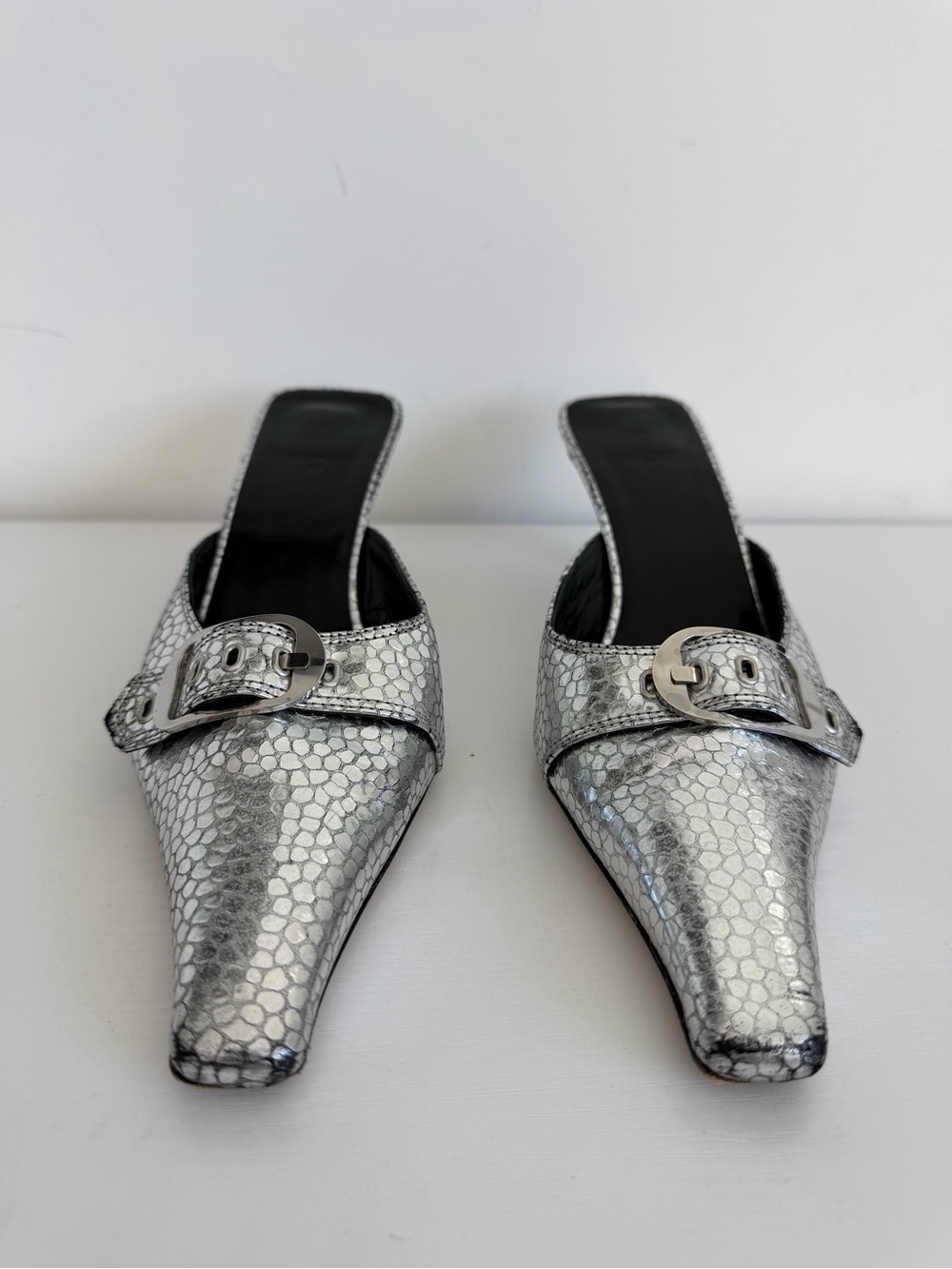 BY FAR 39 Evelyn Metallic Silver Pointed-Toe Mule Heels with Buckle - Picture 7 of 13